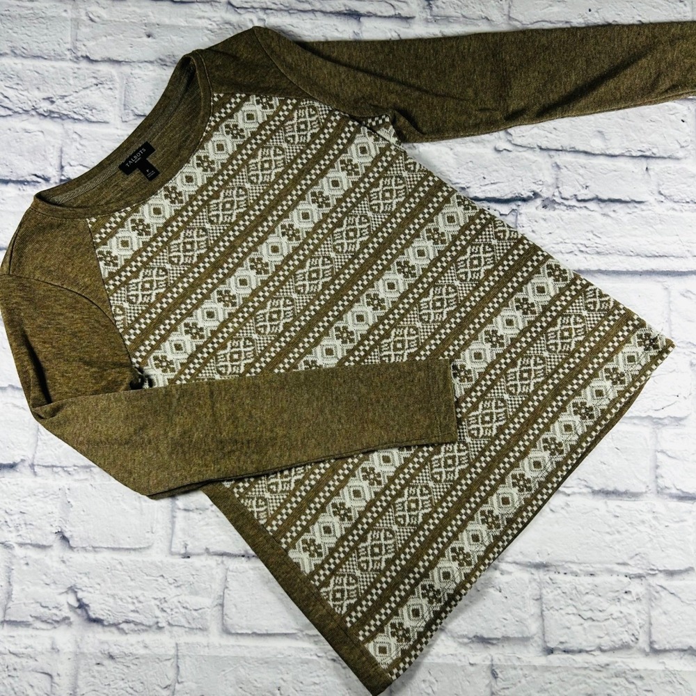 Talbots Petites Olive Green White Geometric Knit Long Sleeve Top Size P